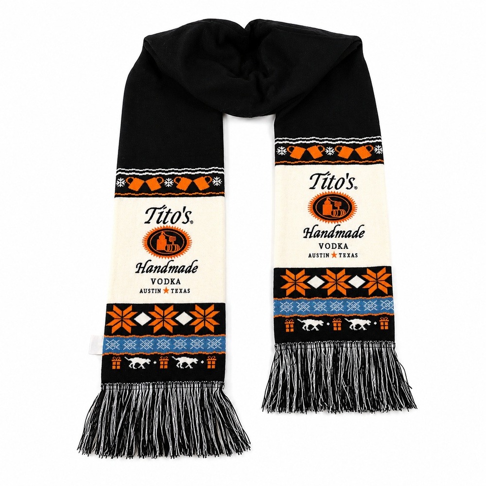 Titos Handmade Vodka Knit Holiday Scarf Black Orange Austin Texas Fringe Logo